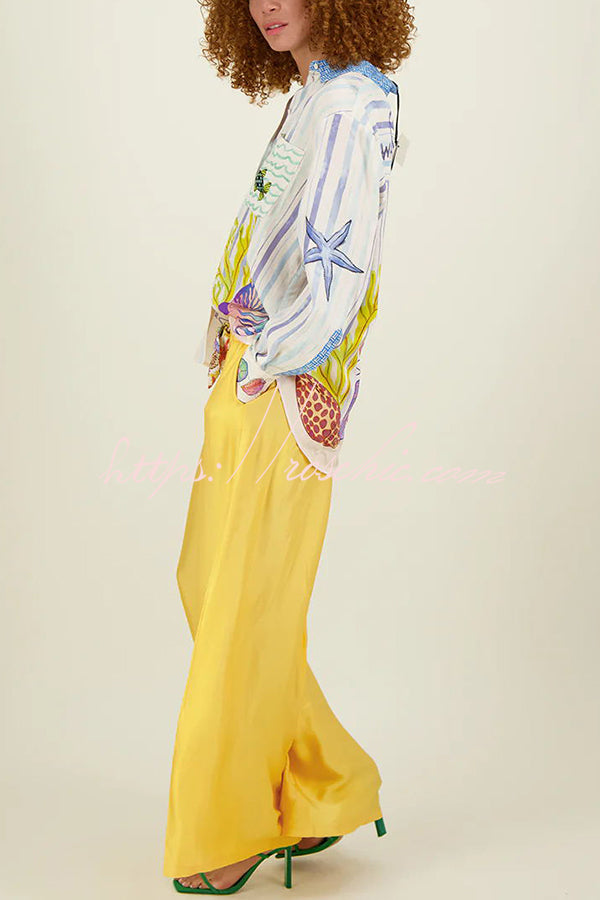 Satin Ocean Print Oversized Button-Down Blouse