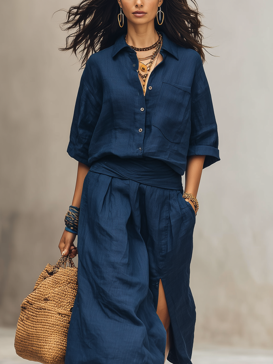 Navy Blue Linen Skirt Top | Bohemian Flowy Set