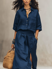 Navy Blue Linen Skirt Top | Bohemian Flowy Set