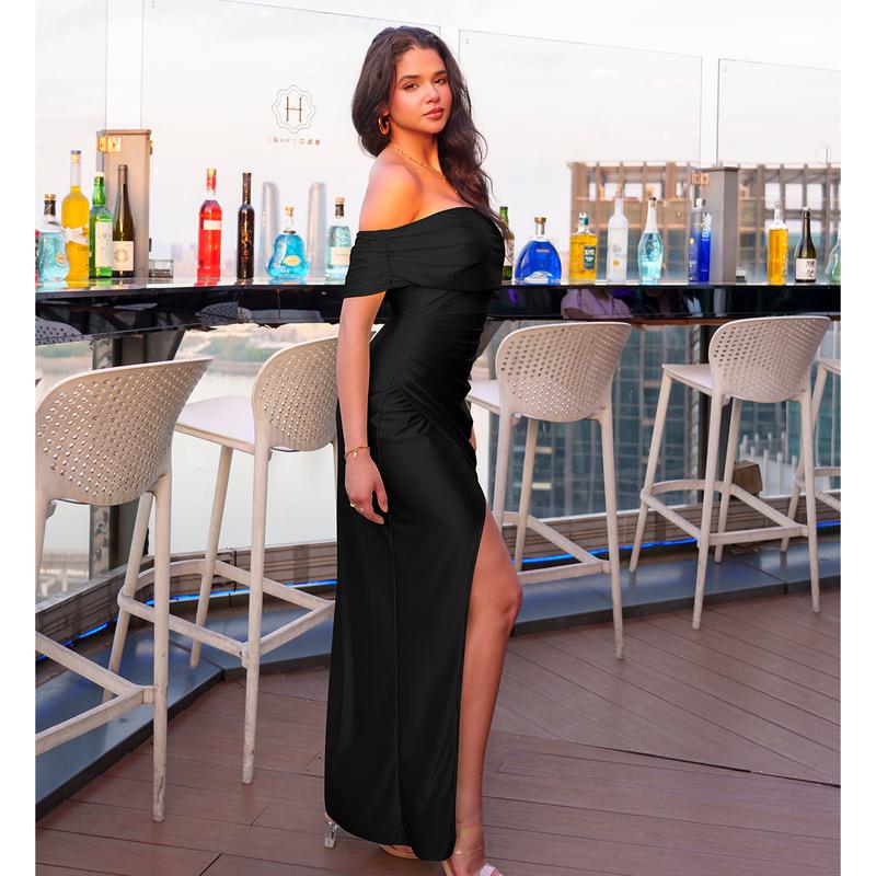 Off Shoulder Bodycon Maxi Dress with High Slit for Wedding