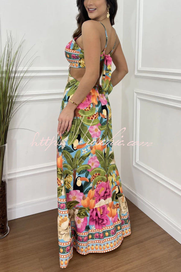Tropical Print Maxi Dress - Lace-Up V Neck Vacation Dress