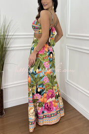 Tropical Print Maxi Dress - Lace-Up V Neck Vacation Dress