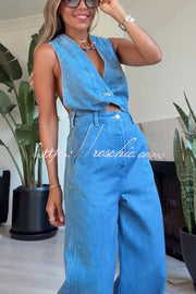 Denim Jumpsuit with Vest Bodice, Crisscross Back & Pockets