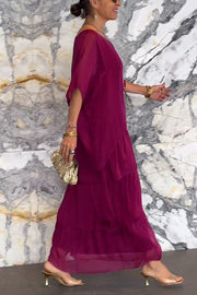 Chiffon Maxi Dress – Loose Tiered Batwing Sleeve Crew Neck