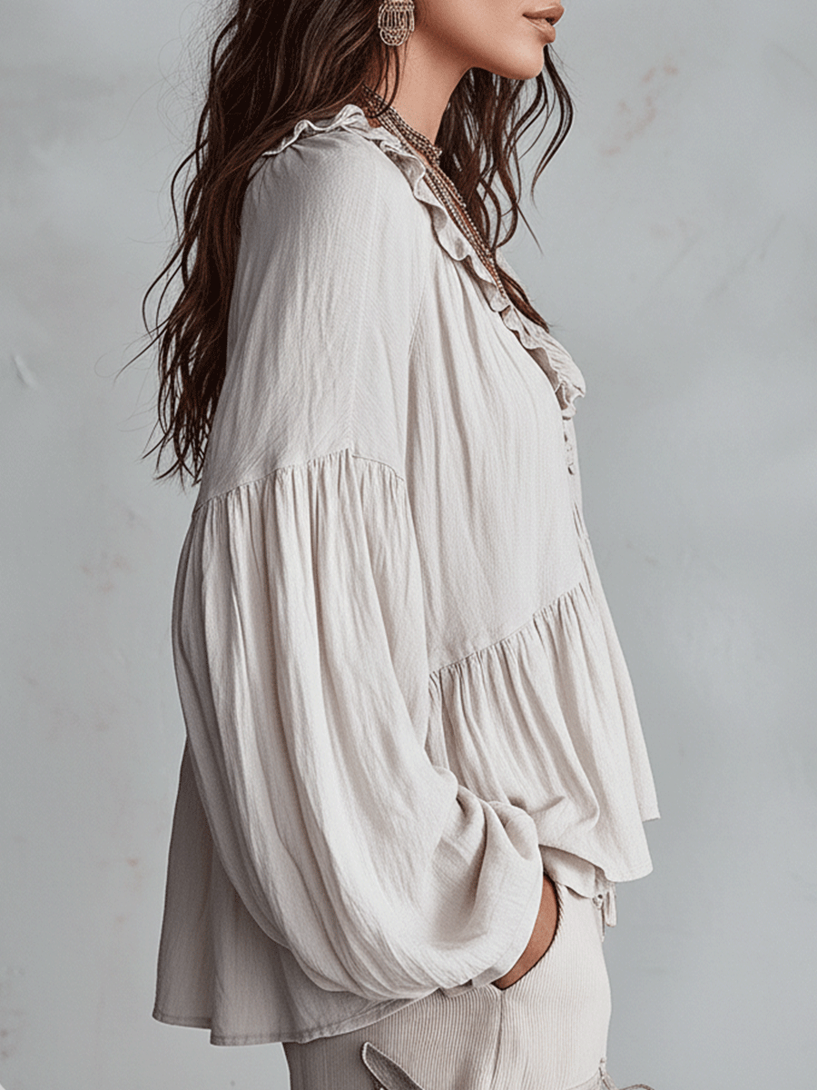 Vintage-Inspired Ruffle Blouse with Long Sleeves