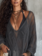 Smoke Grey Lightweight Knit Blouse for Travel & Vacation