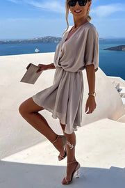 Batwing Sleeve Satin Mini Dress – Loose Fit V-Neck