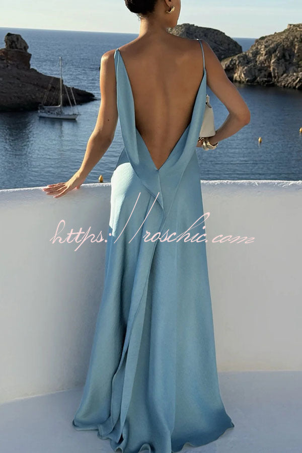 Satin Draped Neck Backless Ruffle Slit Maxi Dress