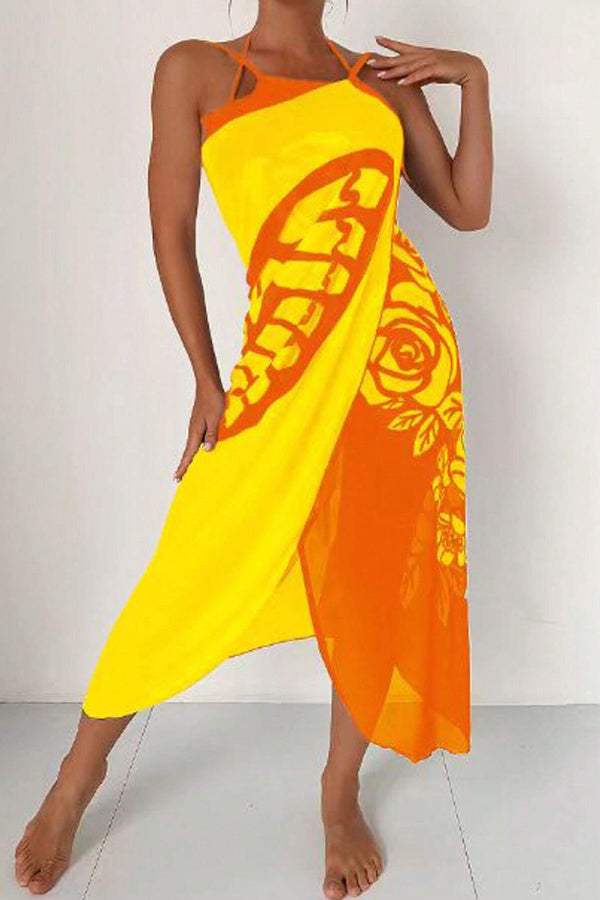 Butterfly Print Color-Block Midi Dress – Resort Cover-Up
