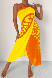 Butterfly Print Color-Block Midi Dress – Resort Cover-Up
