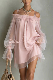 Sheer Off-Shoulder Long Sleeve Loose Fit Short Dress