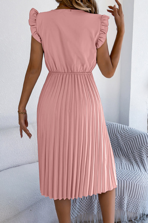 Robe midi plissée sans manches à col en V et bordure en dentelle