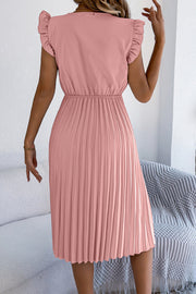 Robe midi plissée sans manches à col en V et bordure en dentelle