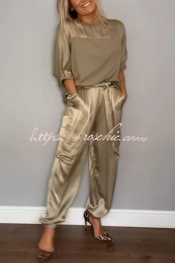 Satin Half-Sleeve Top & Elastic Waist Pants Set