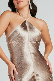 Robe longue dos nu métallisée avec fente à franges