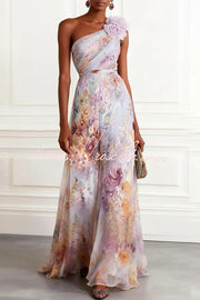 Chiffon 3D Floral One-Shoulder Maxi Dress | A-Line Gown