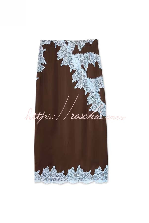 Chocolate Brown Satin Lace Trim Mid Rise Maxi Skirt