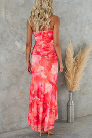 Floral Mesh One Shoulder Ruched Maxi Dress