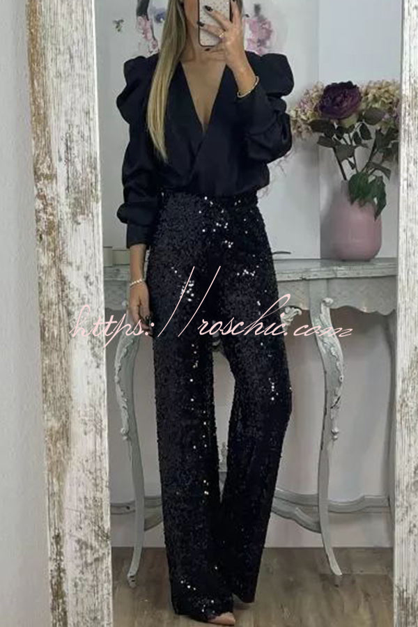 Sequin Wide Leg Pants High Rise Elastic Waist Party