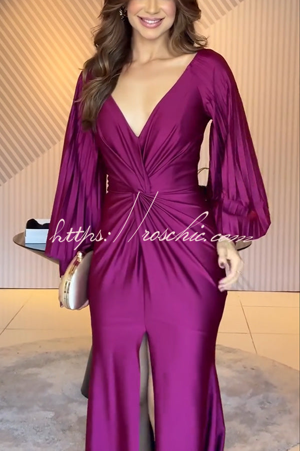 Satin Balloon Sleeve Twist Waist Maxi Dress with Slit