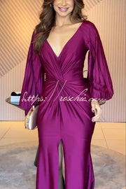 Satin Balloon Sleeve Twist Waist Maxi Dress with Slit