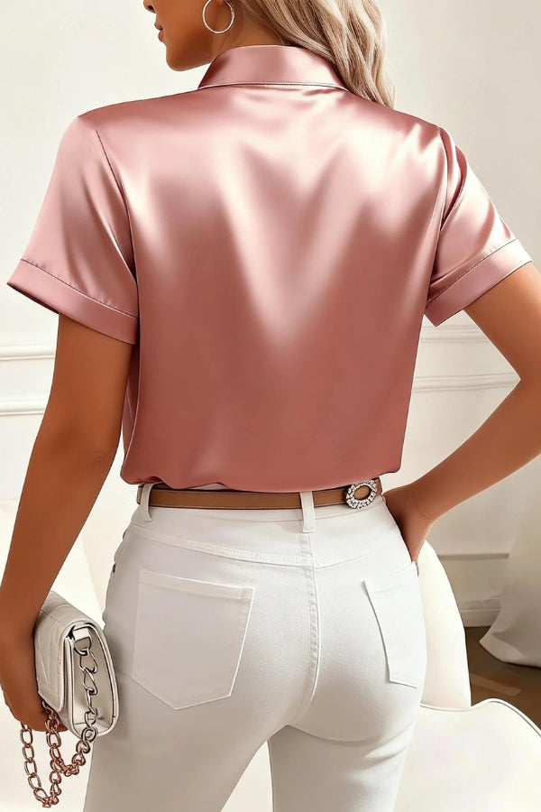 Satin Bow-Tie Collar Short Sleeve Blouse | Loose Office Shirt