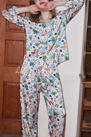 Blue Strawberry Print Long Sleeve Two-Piece Lounge Set