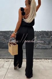 Embroidered Flower Sleeveless Jumpsuit – Loose V-Neck