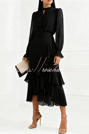 Ruffle Midi Dress Long Sleeve Round Neck Fitted Waist