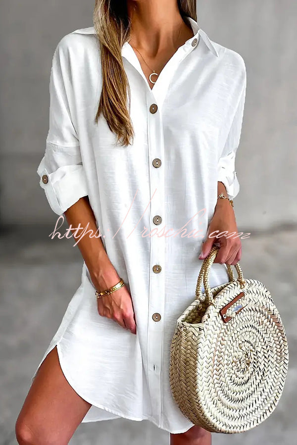 Mini-robe boutonnée de couleur unie – Coupe ample décontractée