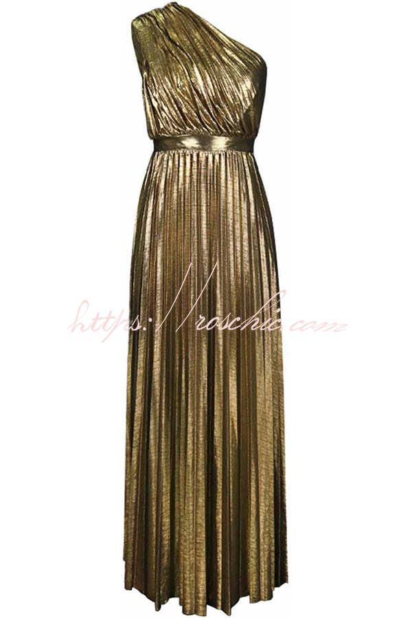 Robe longue plissée métallisée à une épaule – Tenue de soirée
