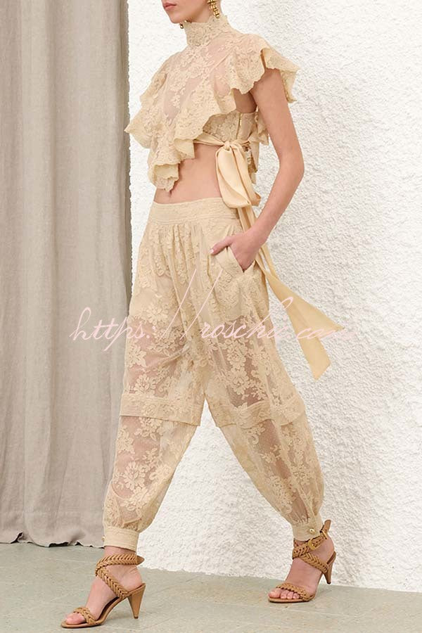 Lace Harem Pants with Gathered Waist & Ankle Cuffs