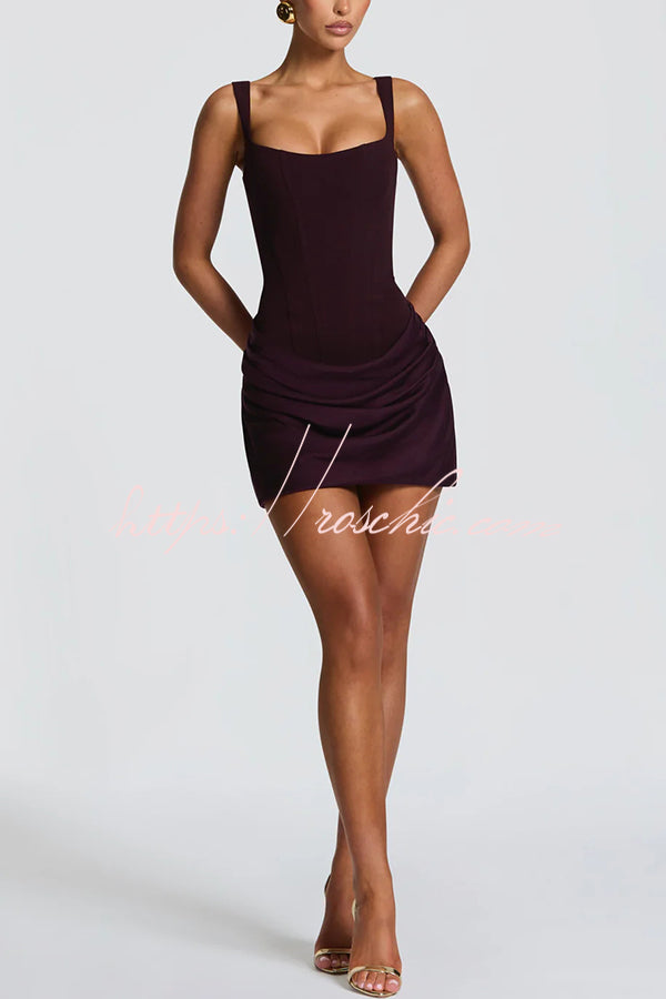 Satin Drape Square Neck Lace-Back Mini Dress