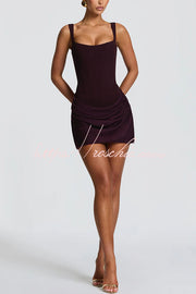 Satin Drape Square Neck Lace-Back Mini Dress