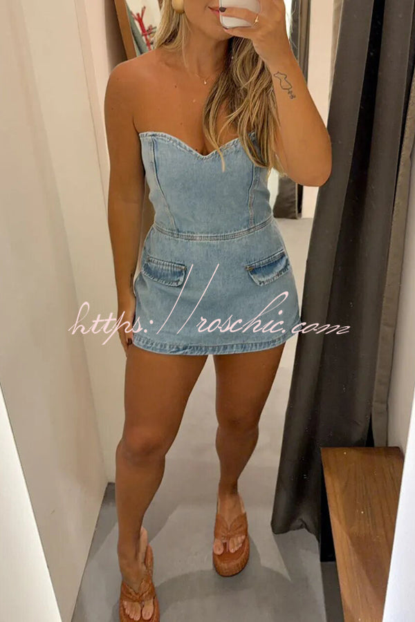 Denim Off Shoulder Smocked Romper – Loose Fit Vacation Style