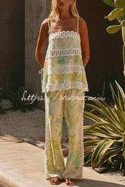 Printed Crochet Trim Camisole and Wide-Leg Pants Set