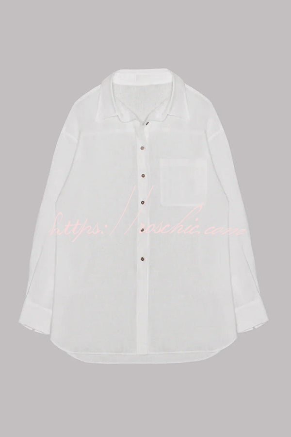Linen Blend Oversized Long Sleeve Shirt with Pockets