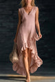 Linned Blend Maxikjole | Ærmeløs V-hals flæsekant