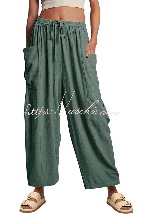 Linen Blend Drawstring Pants with Pockets – Loose Fit