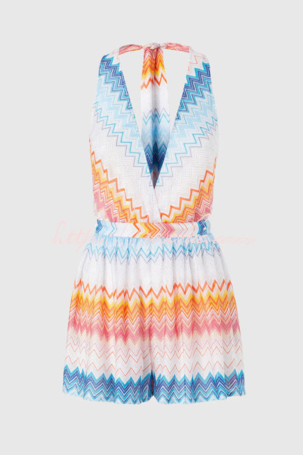 Colorful Zigzag Knit Halter Romper – Loose V-Neck Tie-Up