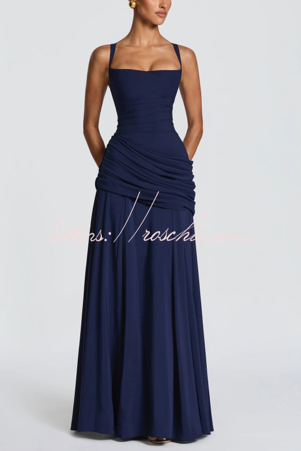 Spaghetti Strap Square Neck Pleated Maxi Dress – Slim Fit