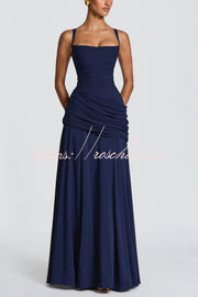 Spaghetti Strap Square Neck Pleated Maxi Dress – Slim Fit