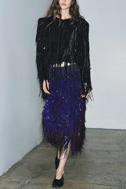 Sequin Tassel Midi Skirt – High-Rise Back Zipper Party Skirt