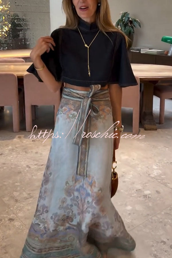 Denim Mock Neck Flutter Sleeve Crop Top | Vacation Style