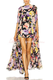 Floral Print High Low Cape Maxi Dress for Party & Vacation