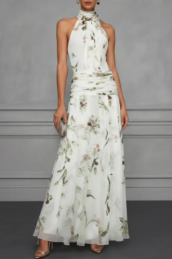 Floral Halter Midi Dress – Ruched Loose Fit Vacation Dress