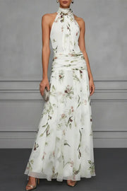 Floral Halter Midi Dress – Ruched Loose Fit Vacation Dress