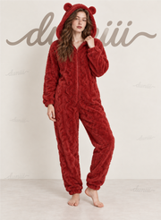 Women's Teddy Bear Hooded Plush Pajama Jumpsuit