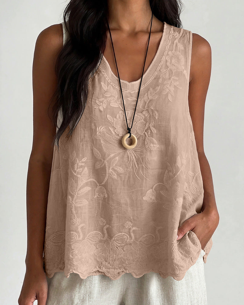 Vintage Floral Embroidered Cotton Linen Sleeveless Top
