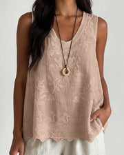 Vintage Floral Embroidered Cotton Linen Sleeveless Top